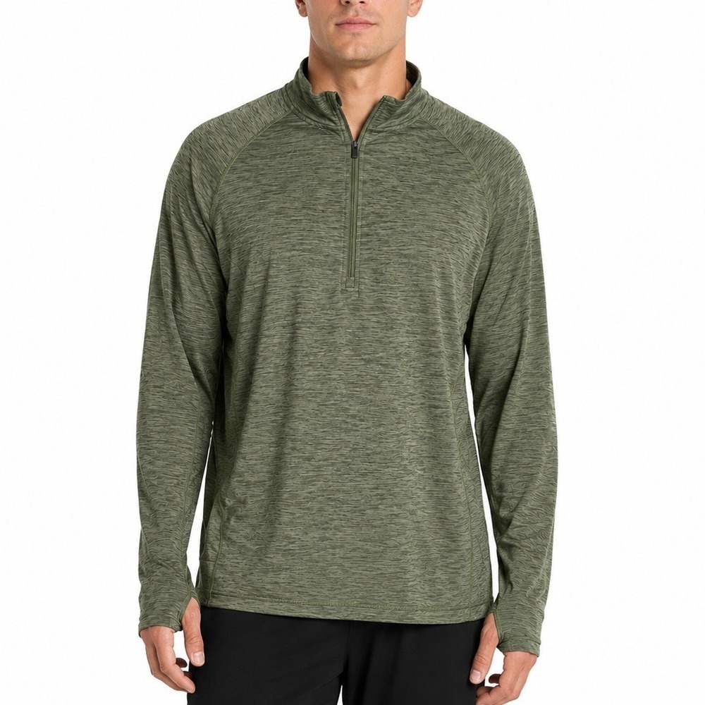 Mens Olive Green Heathered Full Zip Athletic Jacket Thumbhole‎ Cuffs  Neck XXL